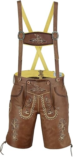 RIDEX Men's Oktoberfest Antique Brown Leather Lederhosen with Belt Short Trouser