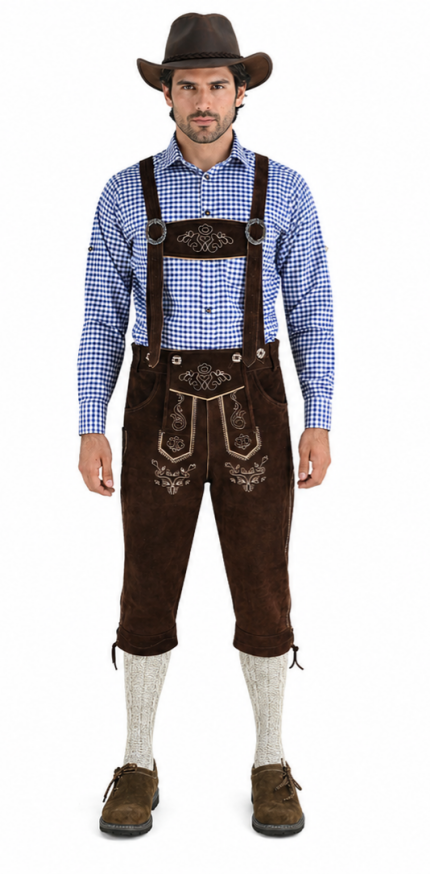 FAIZI FASHION Mens Bavarian Lederhosen with Matching Suspenders Cowhide Leather Various Sizes