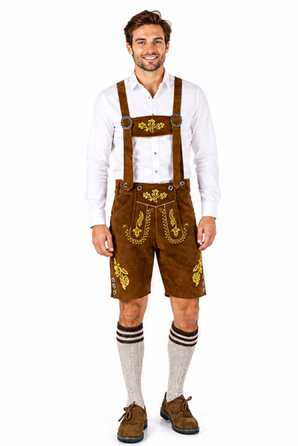 Mens LEDERHOSEN + Matching Suspenders Cowhide Golden Leather Short LH12